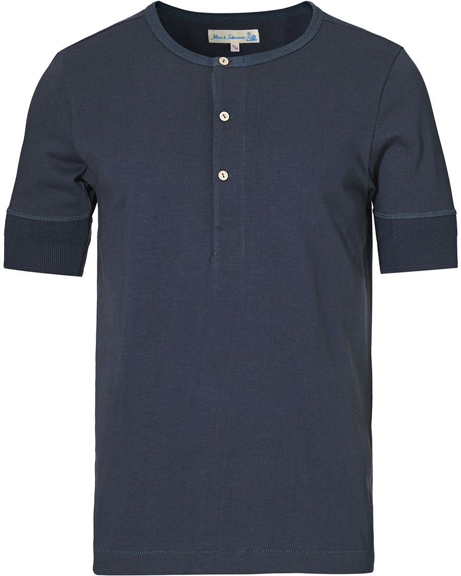 Herre | T-Shirts | Merz b. Schwanen | Short Sleeve Organic Cotton Henley Navy