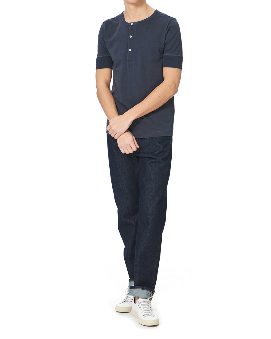 Herre | T-Shirts | Merz b. Schwanen | Short Sleeve Organic Cotton Henley Navy