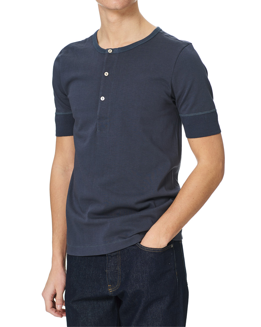 Herre | T-Shirts | Merz b. Schwanen | Short Sleeve Organic Cotton Henley Navy
