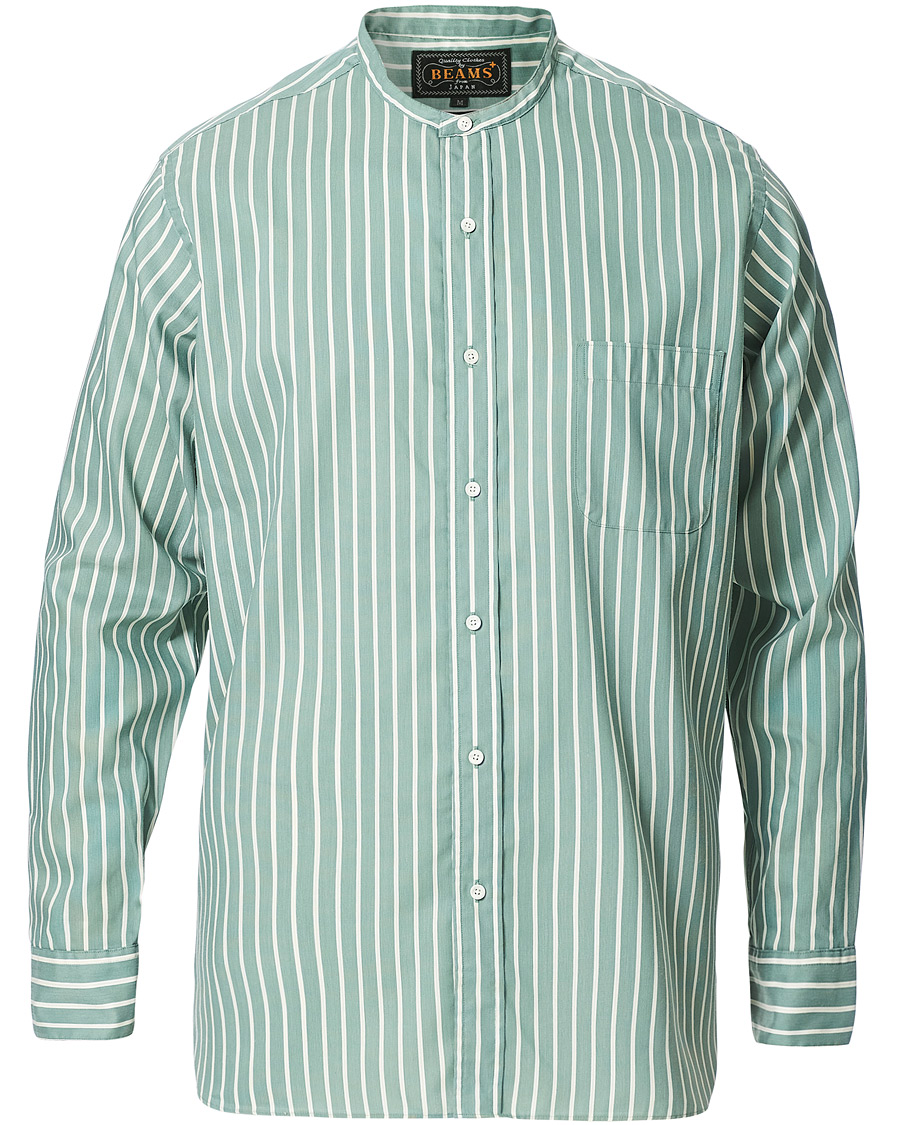 Herre | Japanese Department | BEAMS PLUS | Band Collar Striped Shirt Green/White
