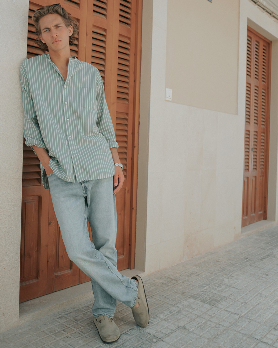 Herre | Skjorter | BEAMS PLUS | Band Collar Striped Shirt Green/White