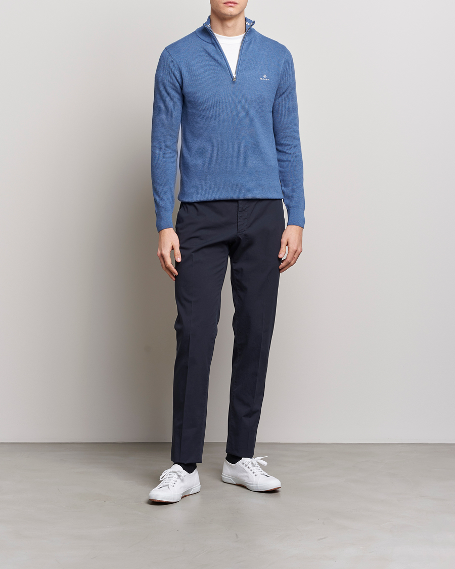 Herre | Gensere | GANT | Cotton Pique Half-Zip Sweater Denim Blue Melange