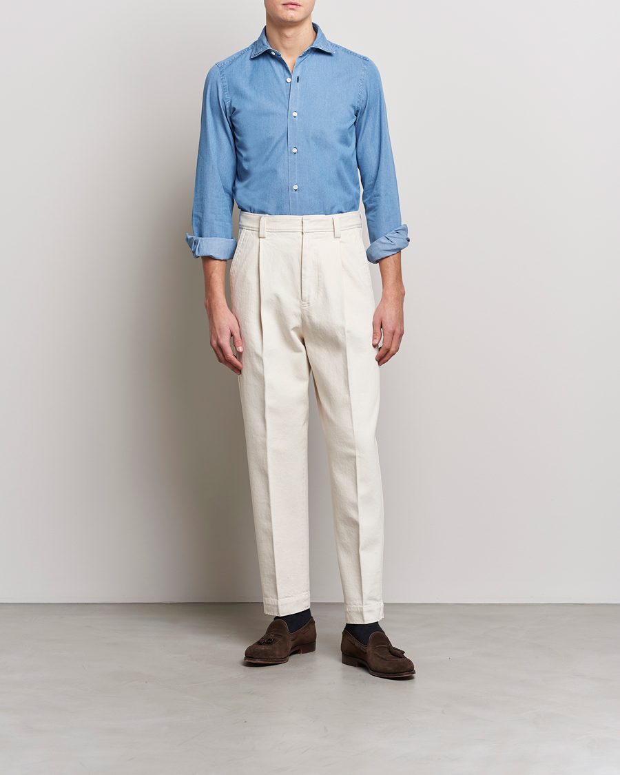 Herre | Skjorter | Finamore Napoli | Milano Slim Denim Shirt Light Indigo