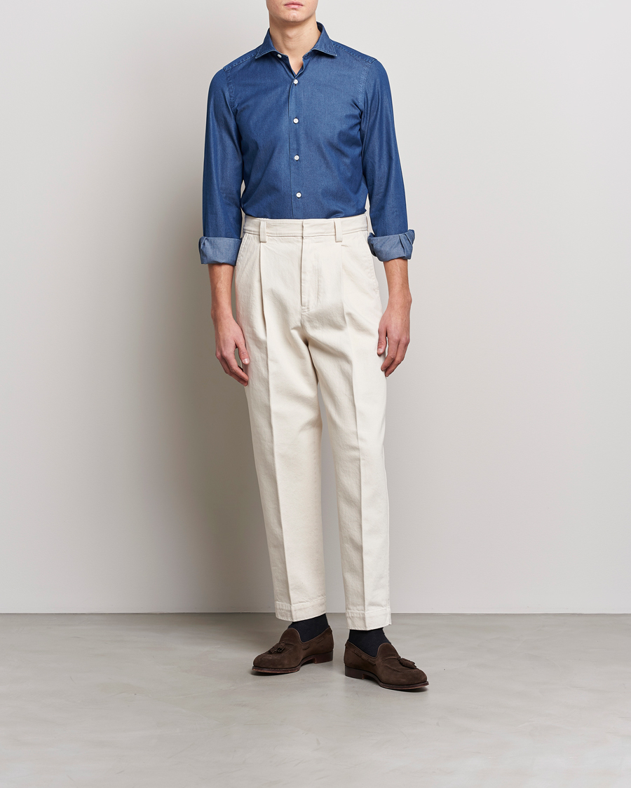 Herre | Skjorter | Finamore Napoli | Milano Slim Denim Shirt Dark Indigo