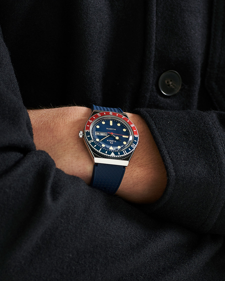 Herre | Klokker | Timex | Q Diver 38mm Rubber Strap Blue/Red