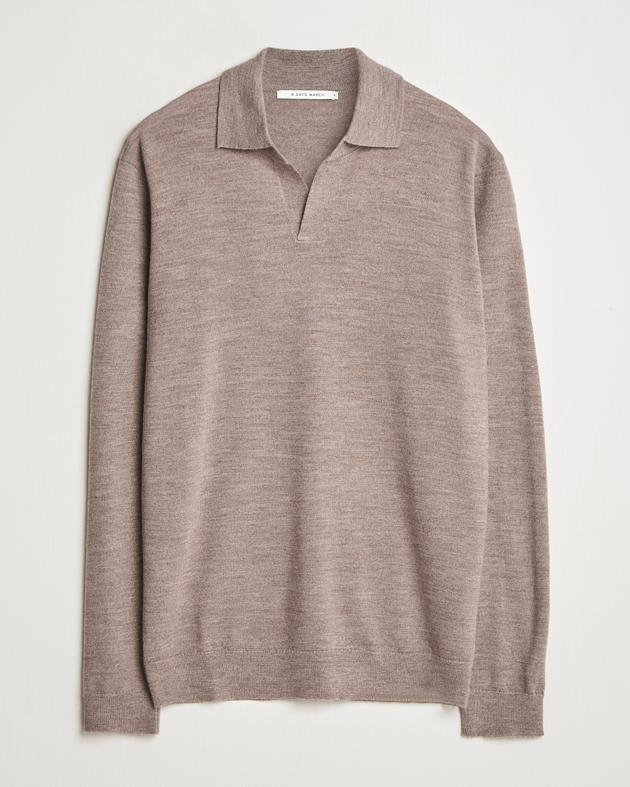 Herre | Gensere | A Day's March | Manol Open Collar Merino Polo Taupe Melange