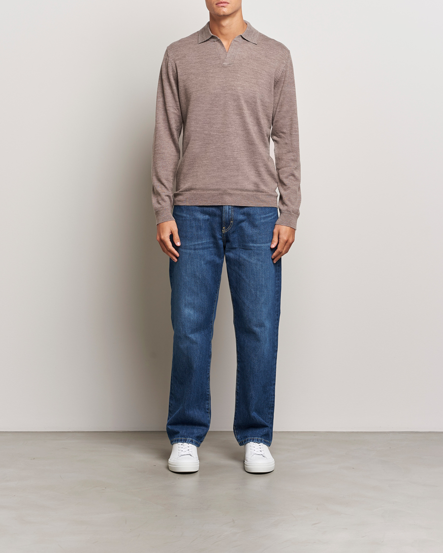 Herre | Gensere | A Day's March | Manol Open Collar Merino Polo Taupe Melange