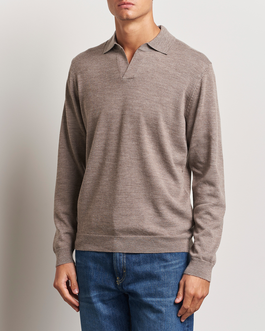Herre | Gensere | A Day's March | Manol Open Collar Merino Polo Taupe Melange