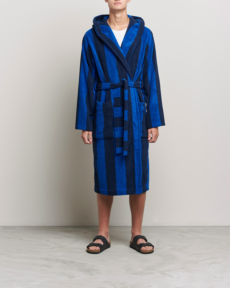 Herre | Pyjamaser og badekåper | Tekla | Organic Terry Hooded Bathrobe Navy Block Stripes