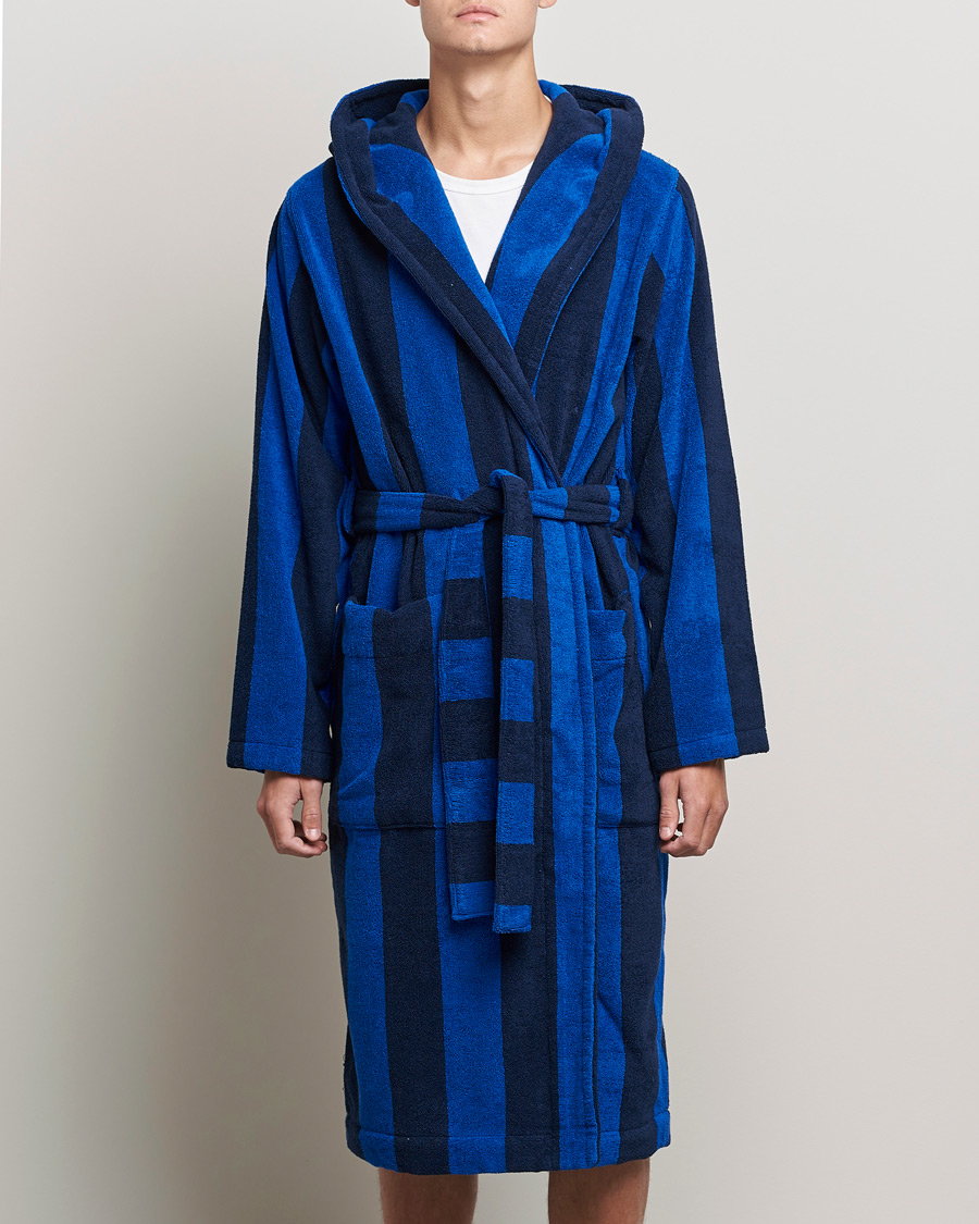 Herre | Pyjamaser og badekåper | Tekla | Organic Terry Hooded Bathrobe Navy Block Stripes