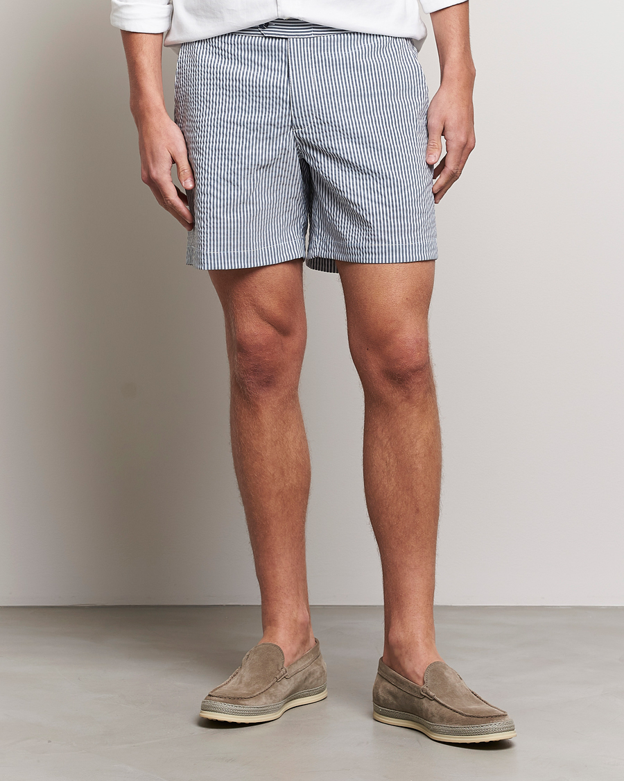 Herre |  | The Resort Co | Tailored Swim Shorts Navy Stripe Seersucker