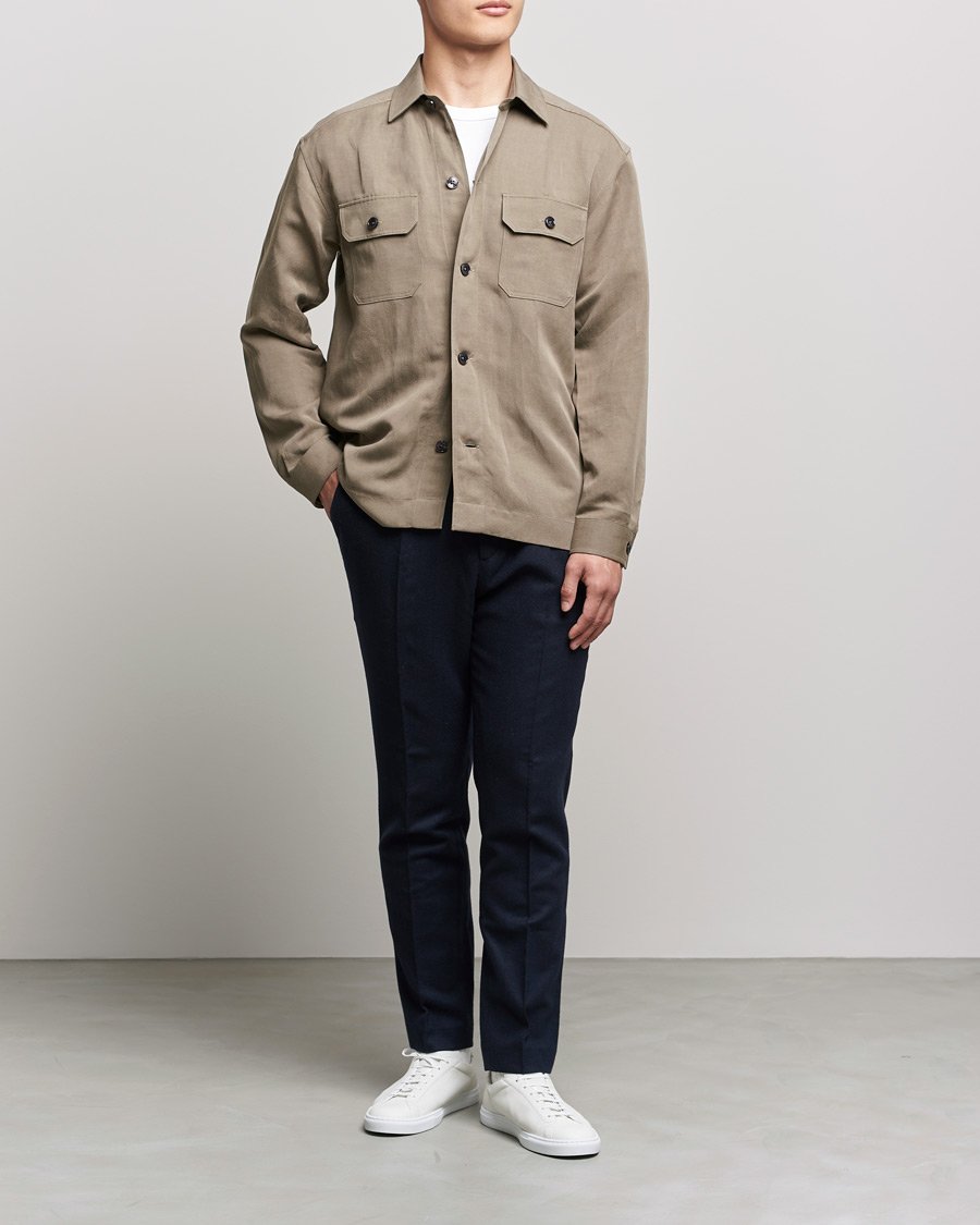 Herre | Skjorter | BOSS BLACK | Cole Linen/Lyocell Overshirt Open Green