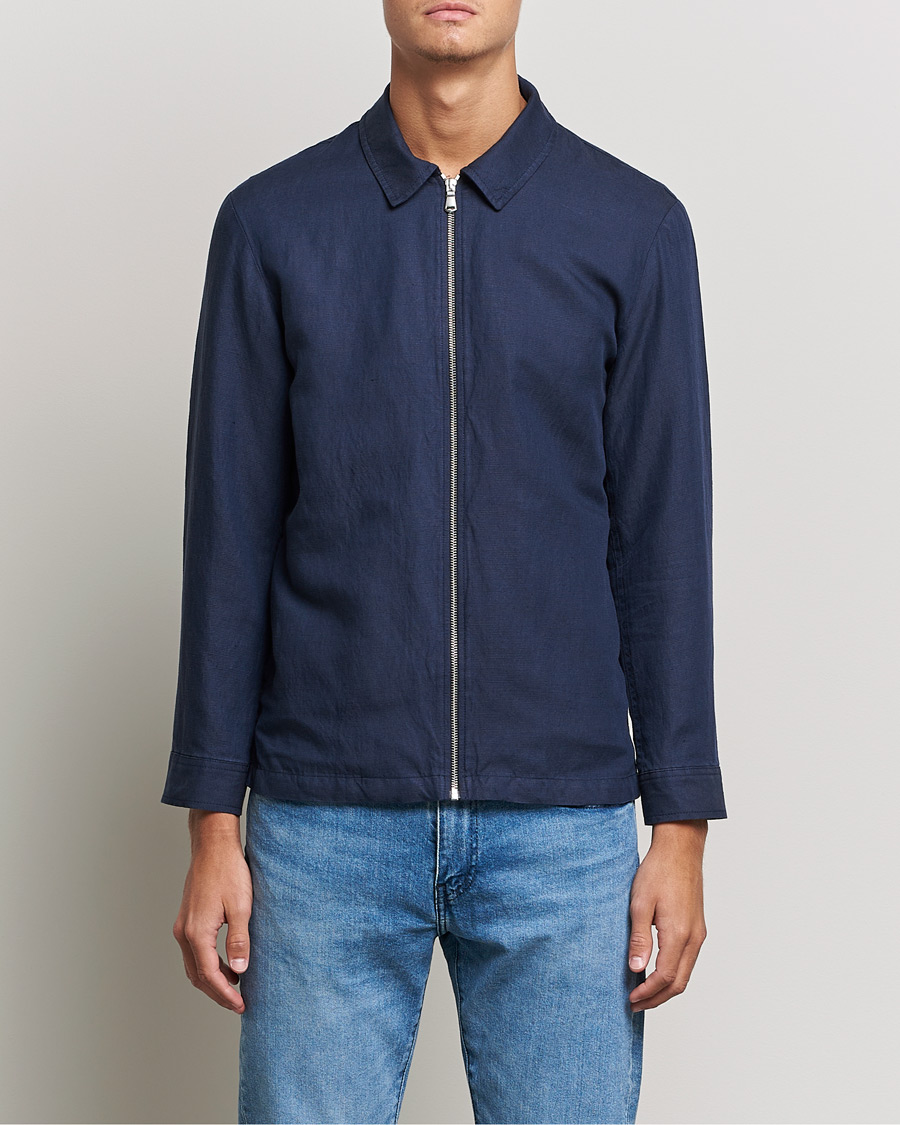 Herre | Vårjakker | J.Lindeberg | Jason Zip Linen Shirt Jacket Navy