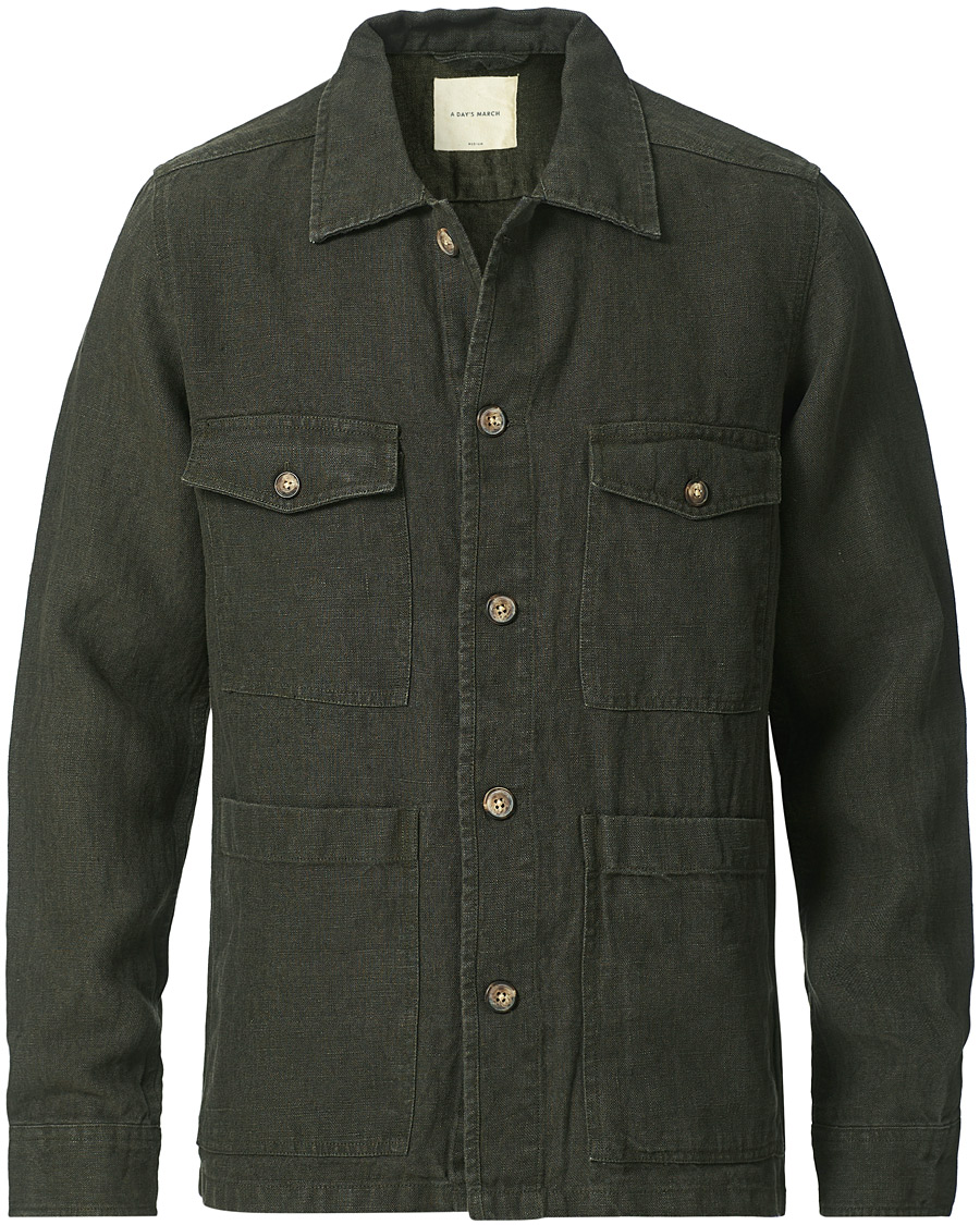 Herre | Skjorter | A Day's March | Heavy Linen Patch Pocket Overshirt Olive