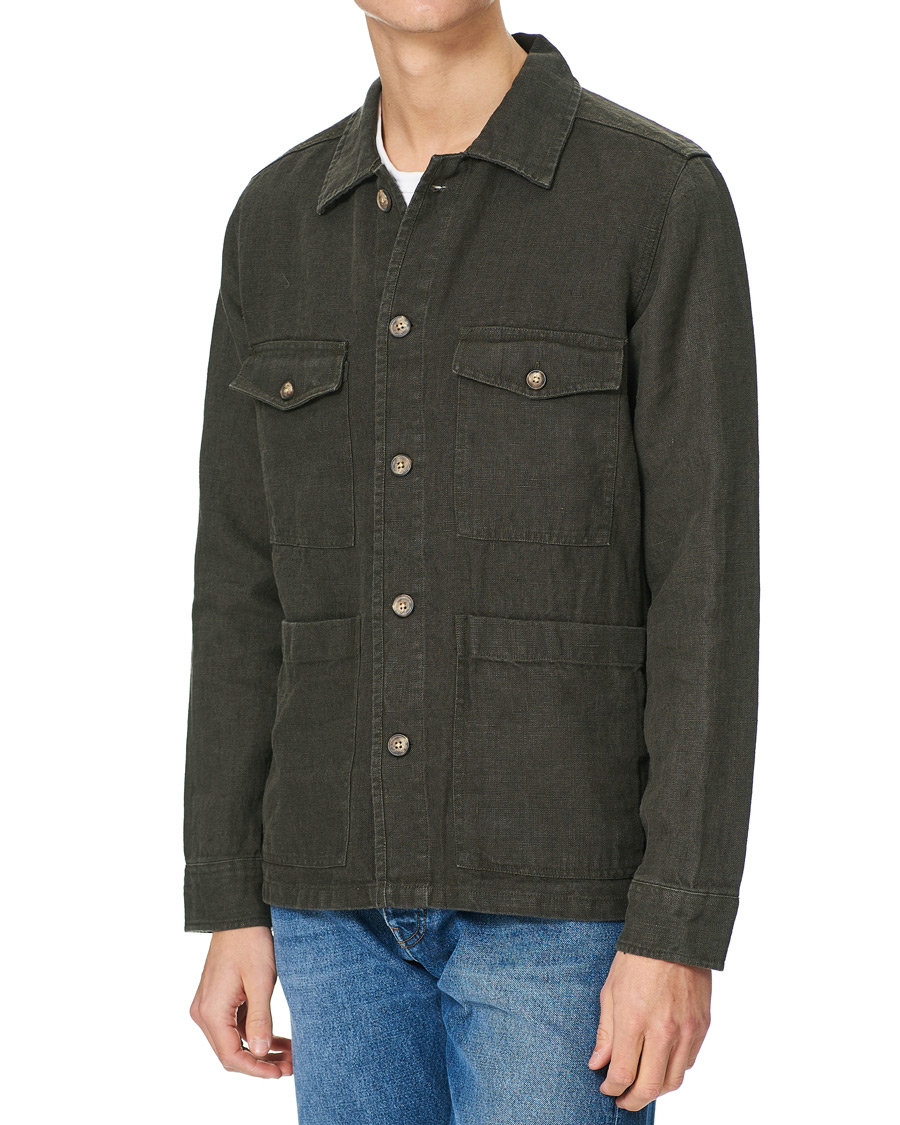Herre | Skjorter | A Day's March | Heavy Linen Patch Pocket Overshirt Olive