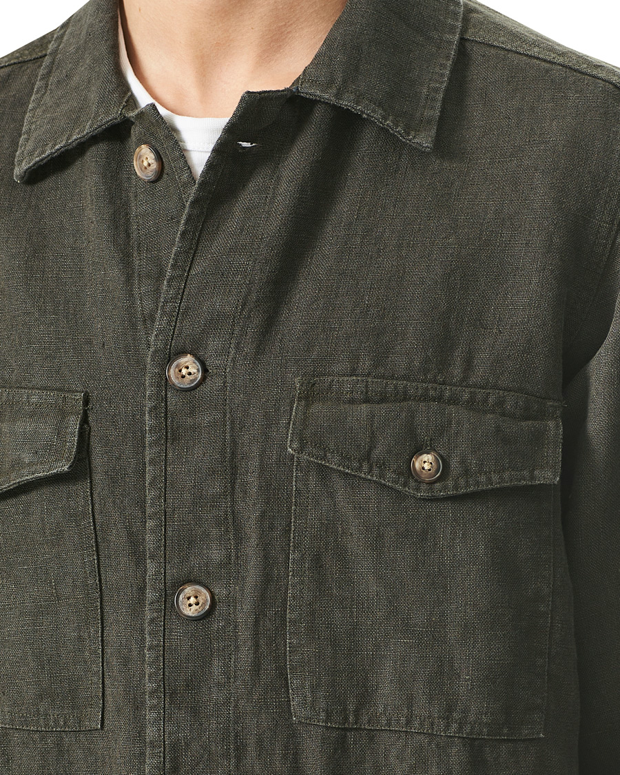 Herre | Skjorter | A Day's March | Heavy Linen Patch Pocket Overshirt Olive