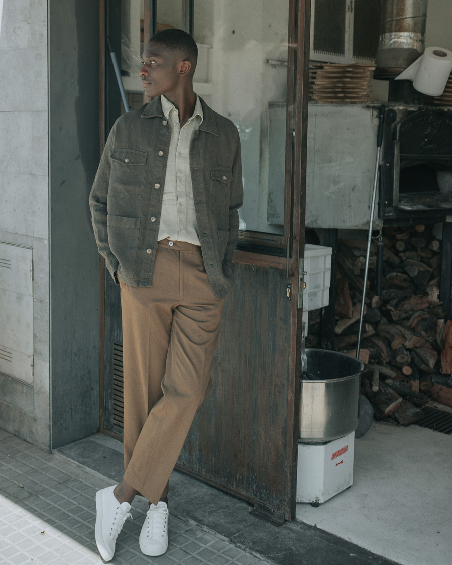 Herre | Skjorter | A Day's March | Heavy Linen Patch Pocket Overshirt Olive