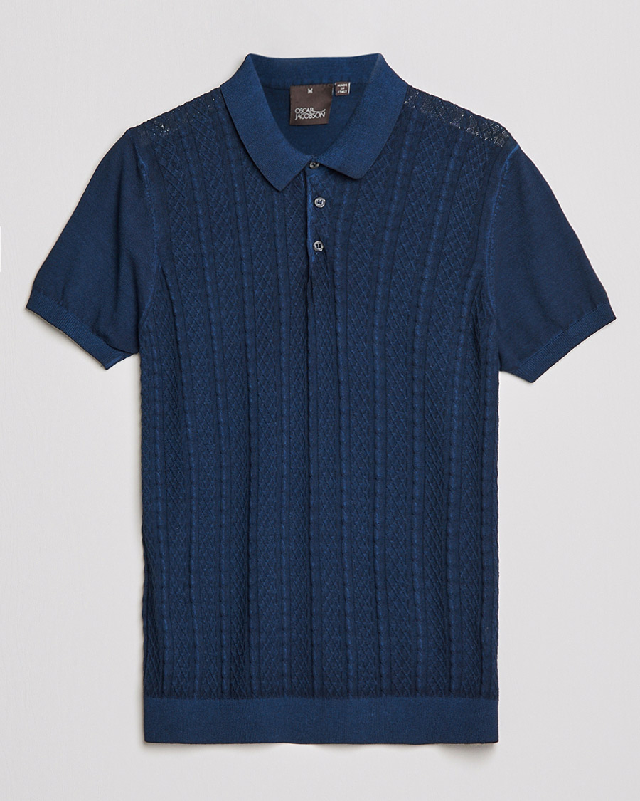 Herre | Pikéer | Oscar Jacobson | Bard Knitted Cotton Crepe Polo Washed Blue