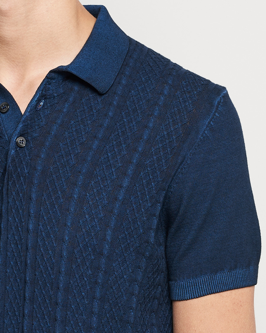 Herre | Pikéer | Oscar Jacobson | Bard Knitted Cotton Crepe Polo Washed Blue