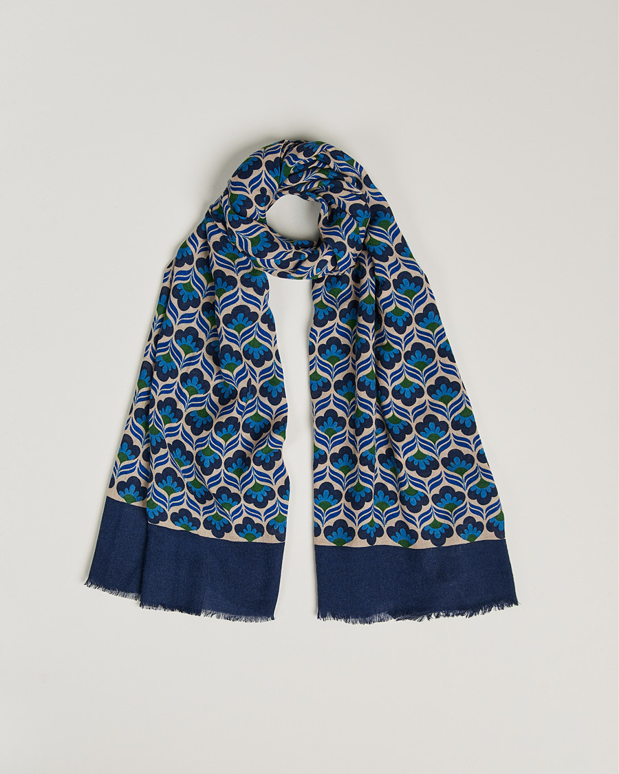 Herre | Altea Flower Print Wool Scarf Beige/Blue | Altea | Flower Print Wool Scarf Beige/Blue