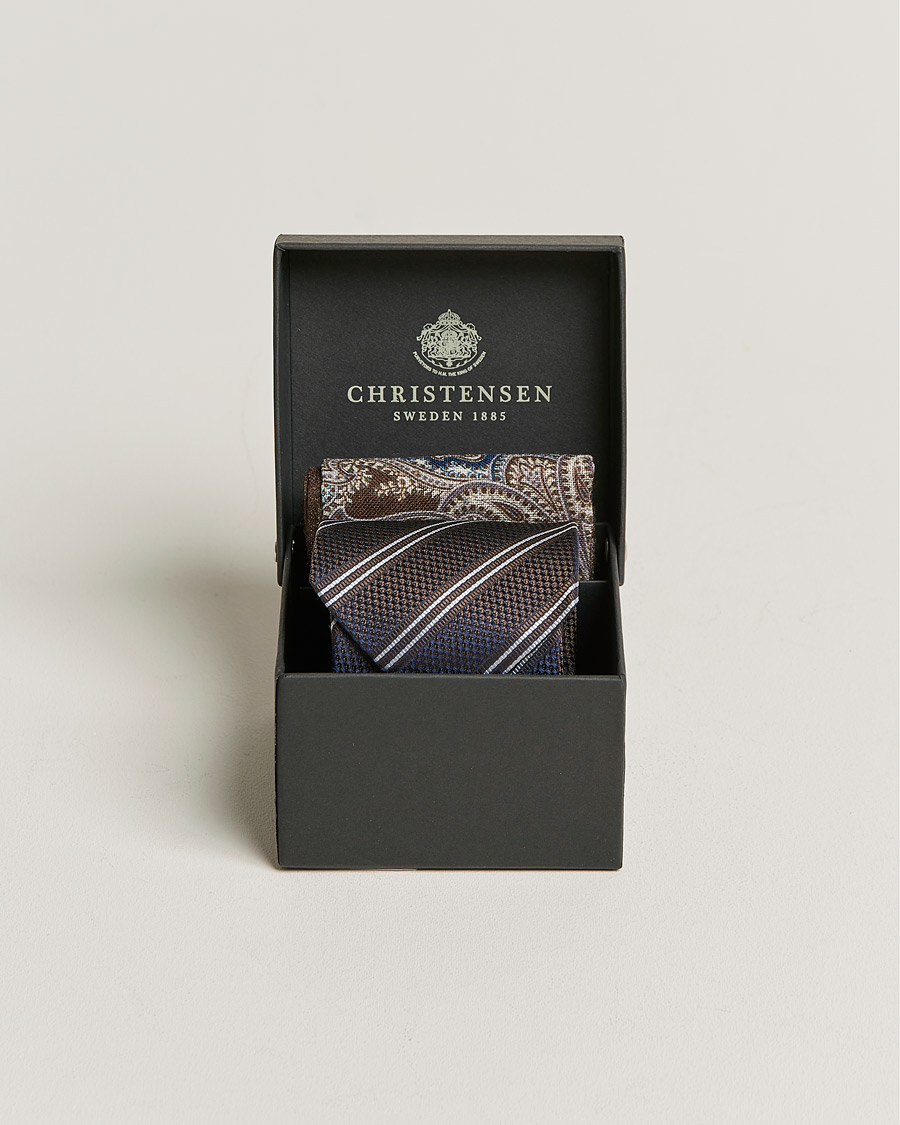 Herre | Amanda Christensen Box Set Silk Striped Tie And Wool Pocket Square Brown | Amanda Christensen | Box Set Silk Striped Tie And Wool Pocket Square Brown