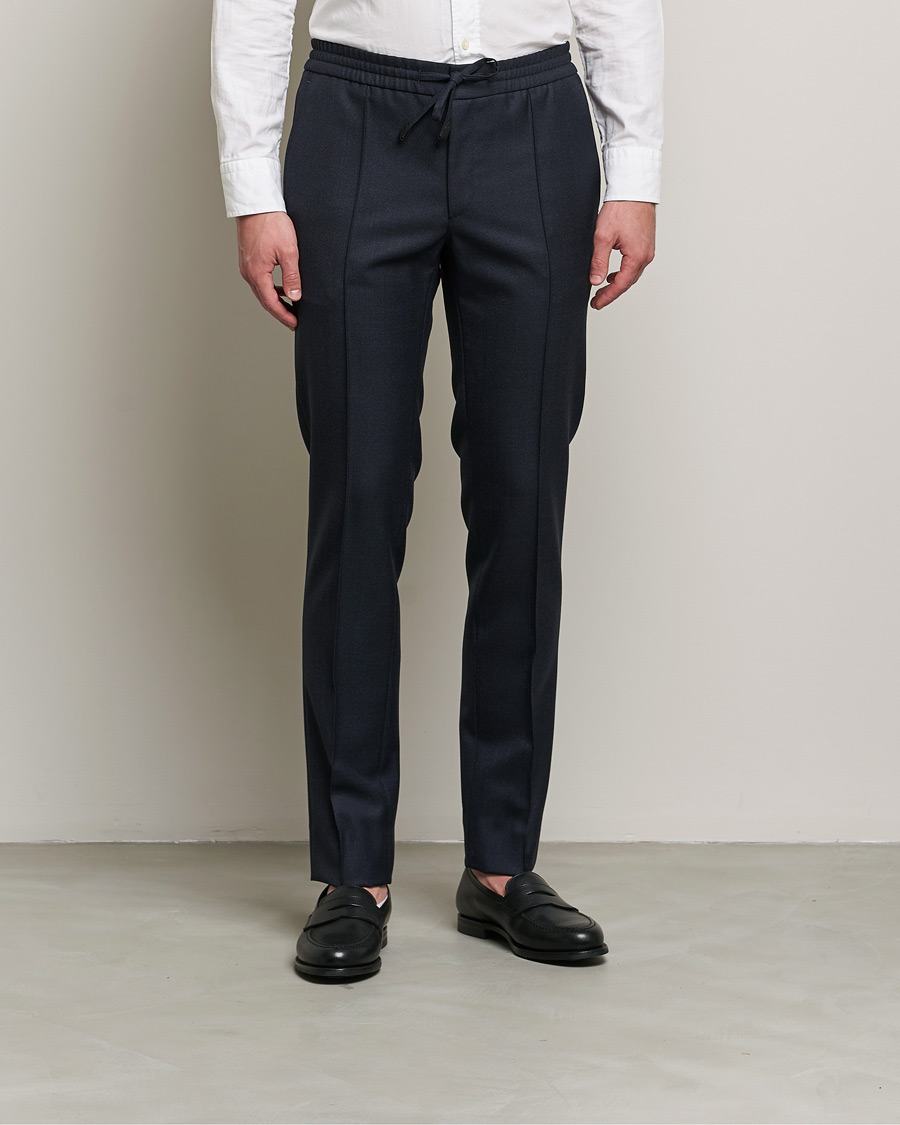 Herre | Bukser | Brioni | Sharkskin Wool Drawstring Trousers Navy