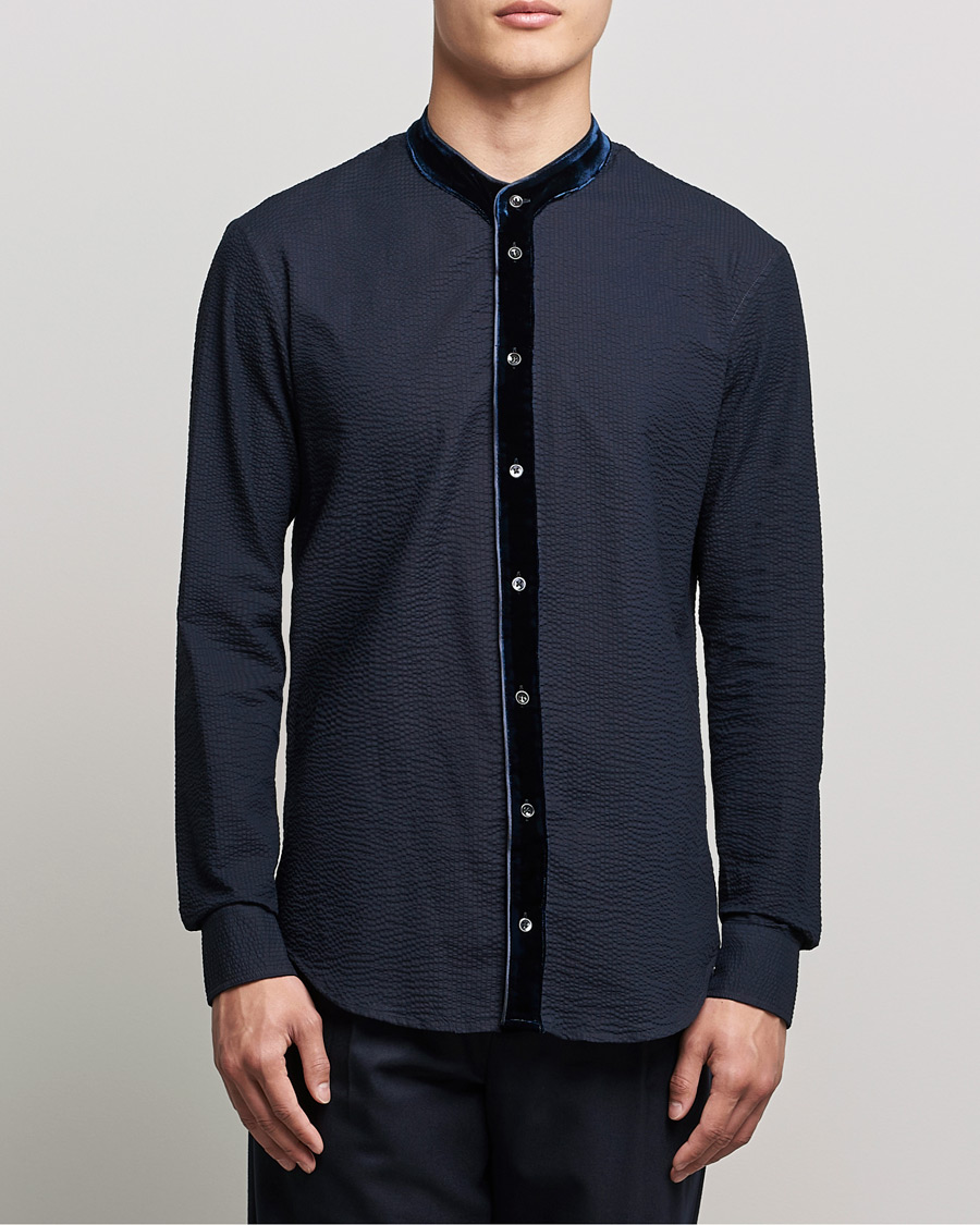 Herre | Skjorter | Giorgio Armani | Seersucker Velvet Guru Collar Shirt Navy