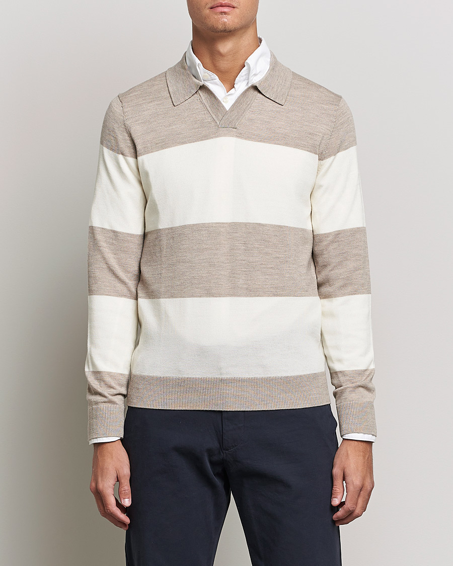 Herre |  | Morris | Delon Merino Knitted Polo Shirt Beige/White