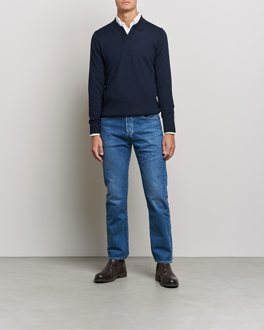 Herre | Gensere | Morris | Delon Merino Knitted Polo Shirt Navy