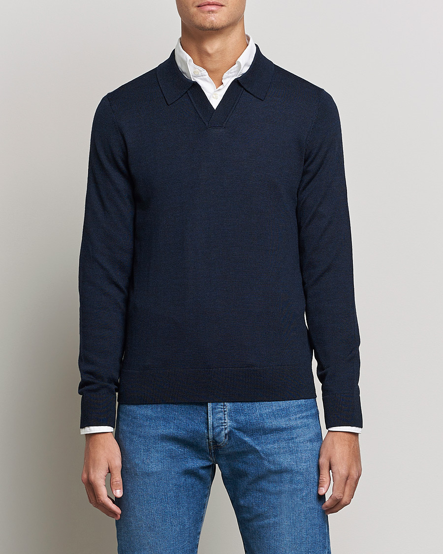 Herre | Gensere | Morris | Delon Merino Knitted Polo Shirt Navy