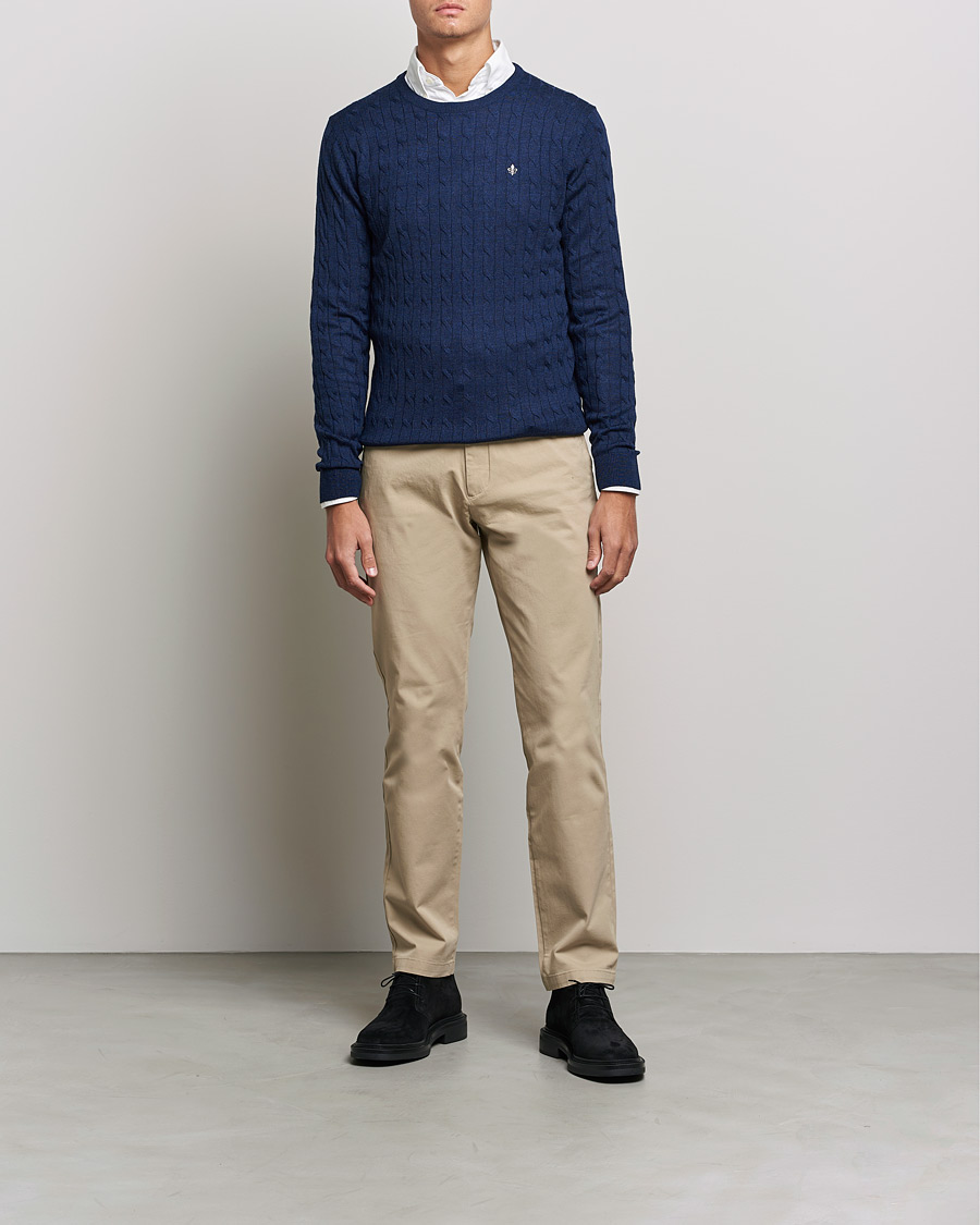 Herre | | Morris | Merino Cable Crew Neck Pullover Blue