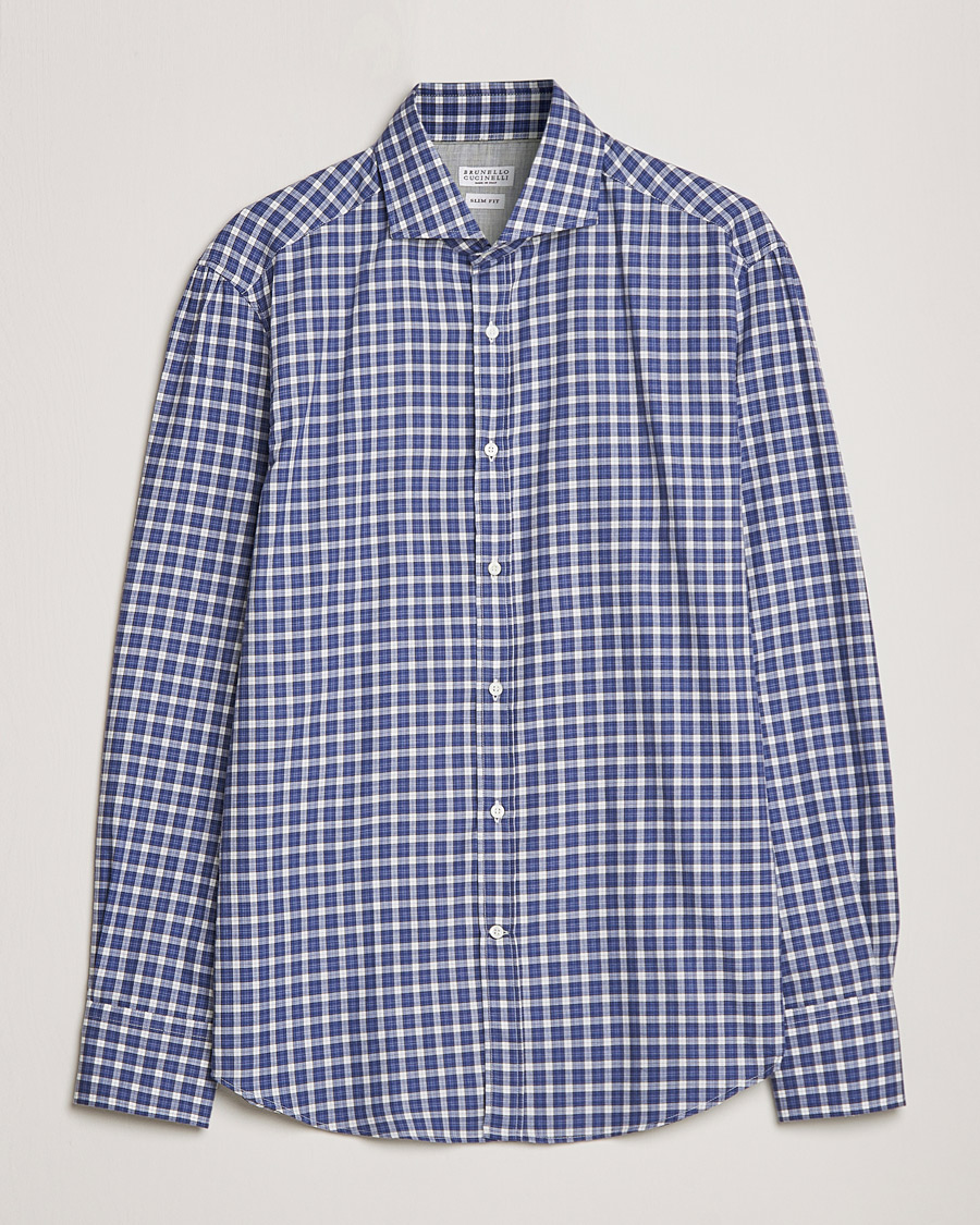 Herre |  | Brunello Cucinelli | Slim Fit Flannel Shirt Navy Check