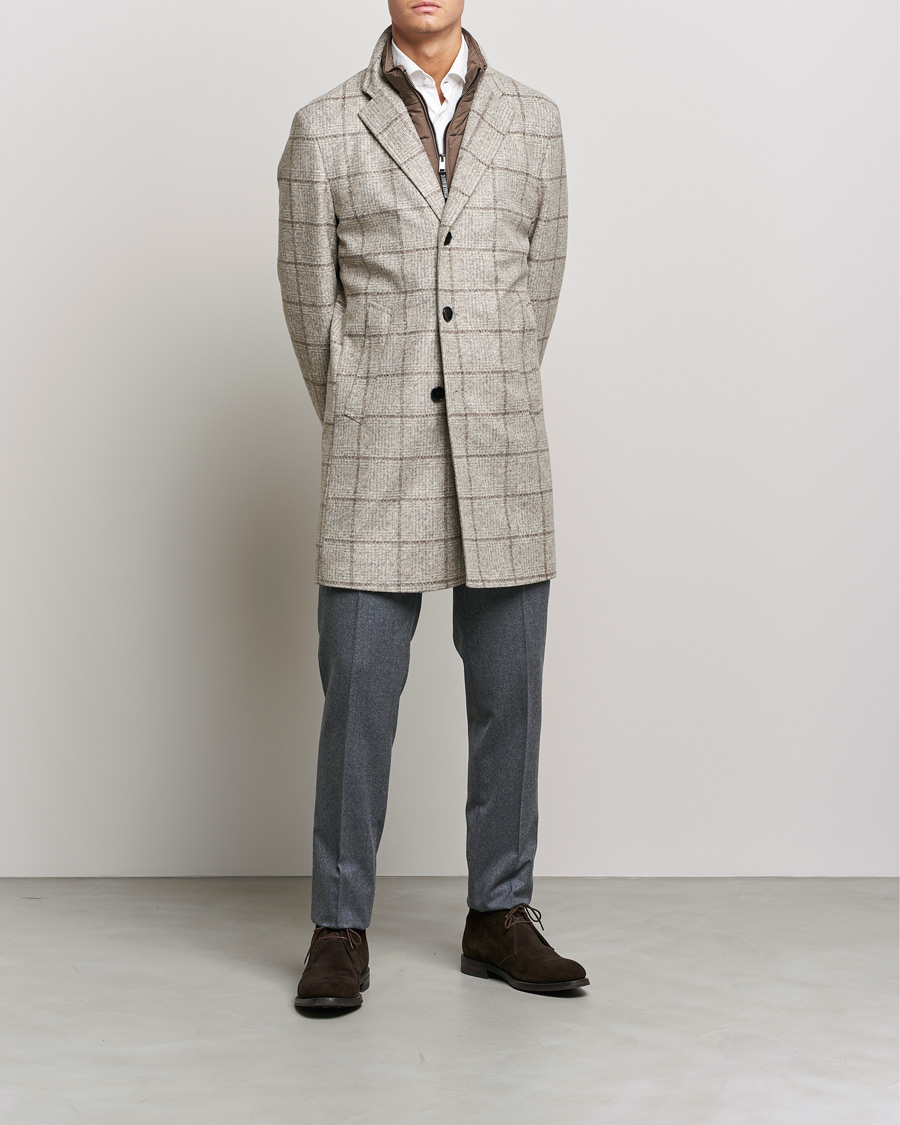 Herre | Business & Beyond | BOSS | Hyde Wool Checked Stand Up Collar Coat Medium Beige