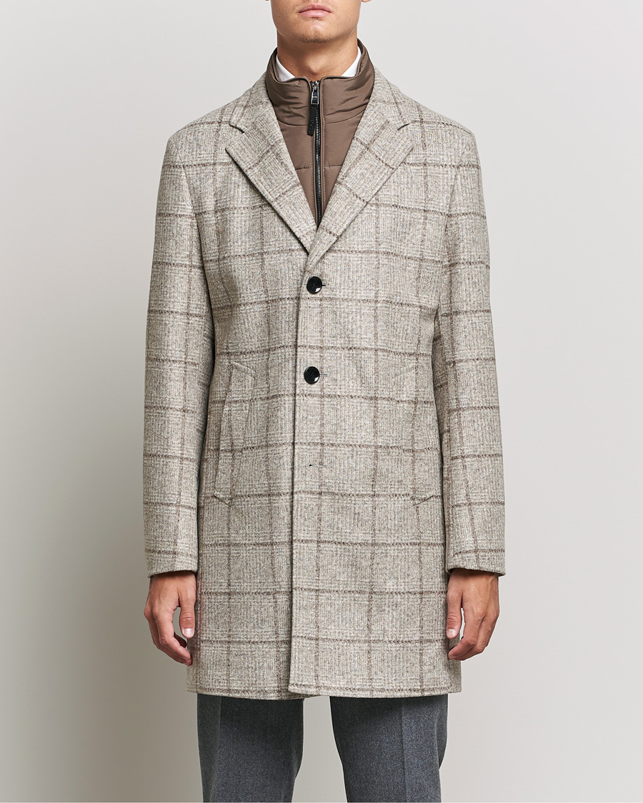 Herre | Jakker | BOSS BLACK | BOSS Hyde Wool Checked Stand Up Collar Coat Medium Beige