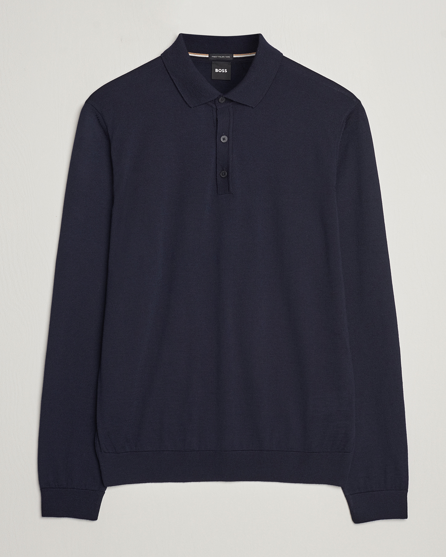 Herre | Gensere | BOSS BLACK | Lancione Merino Knitted Polo Dark Blue
