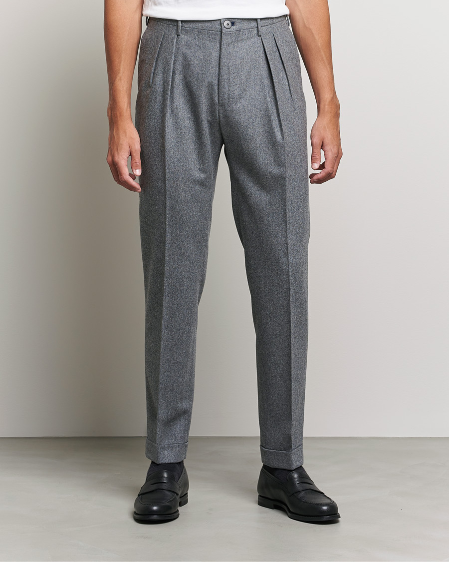 Herre | Flanellbukser | Incotex | Pleated Flannel Trousers Grey Melange