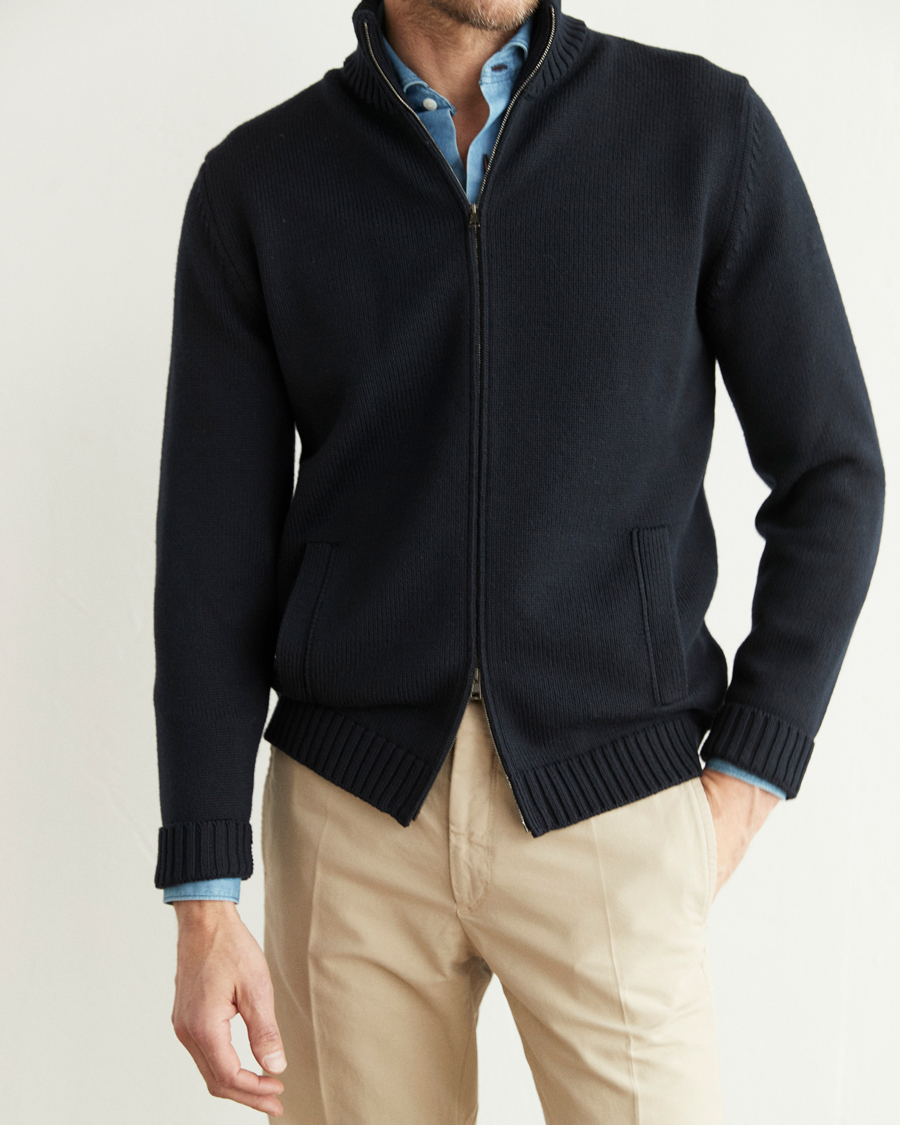 Herre | Gensere | Zanone | Virgin Merino Wool Zip Cardigan Navy