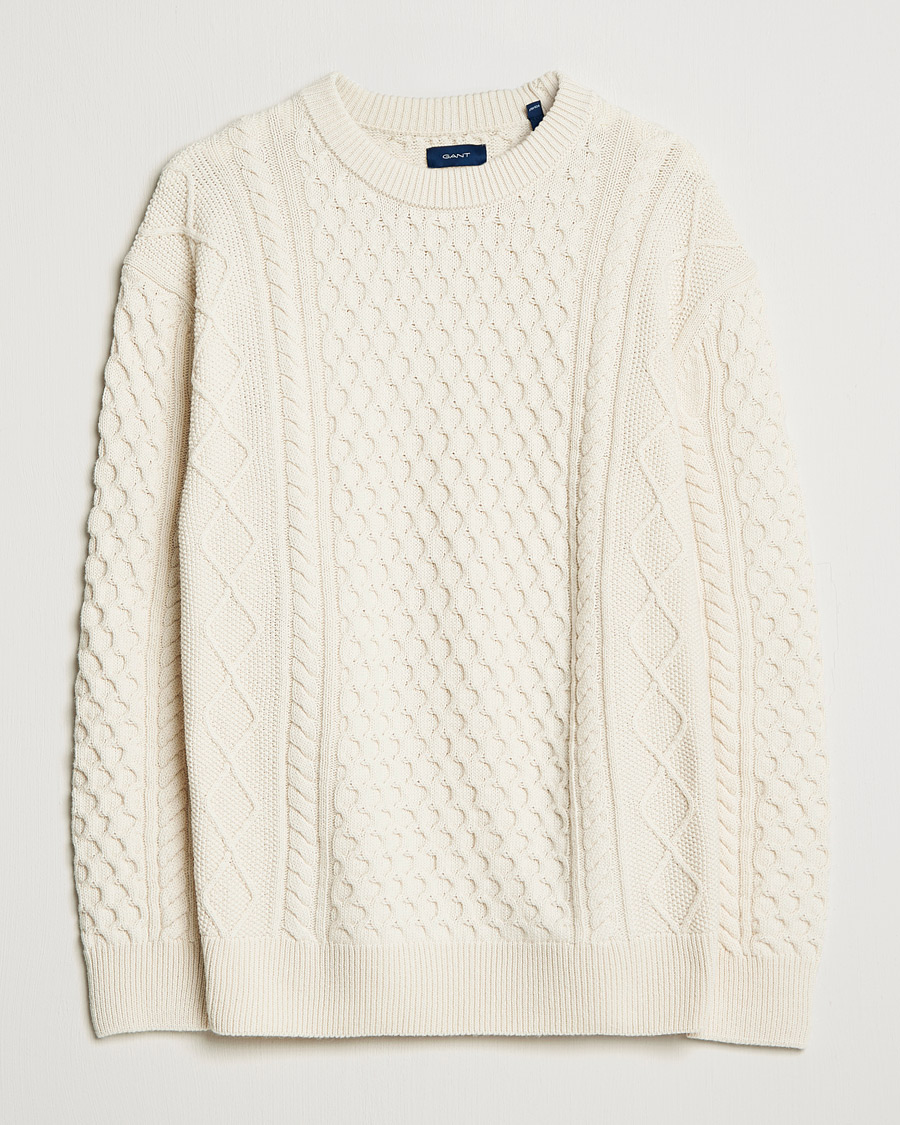 Herre | Gensere | GANT | Aran Structured Knitted Sweater Cream