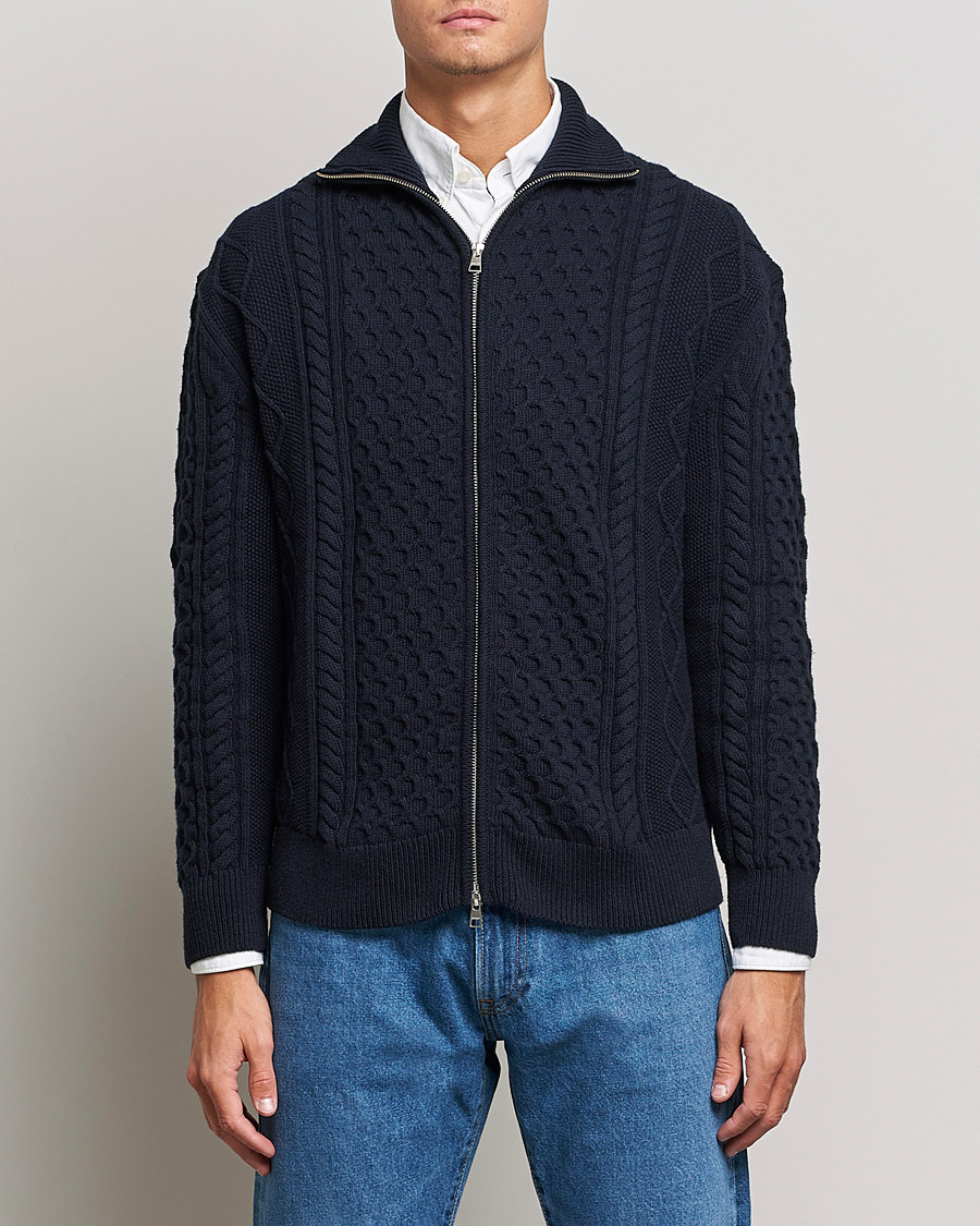 Herre | Gensere | GANT | Aran Structured Full Zip Evening Blue