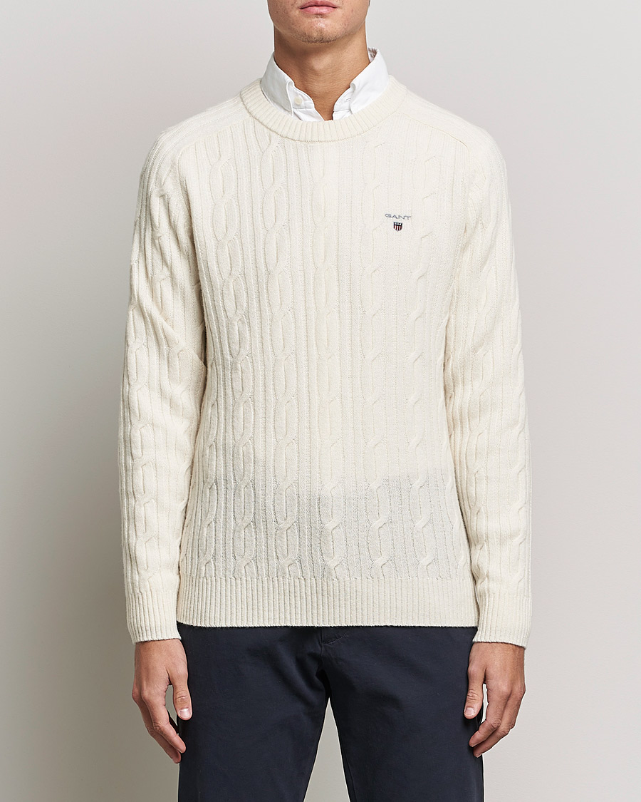 Herre | Gensere | GANT | Lambswool Cable Crew Neck Pullover Cream