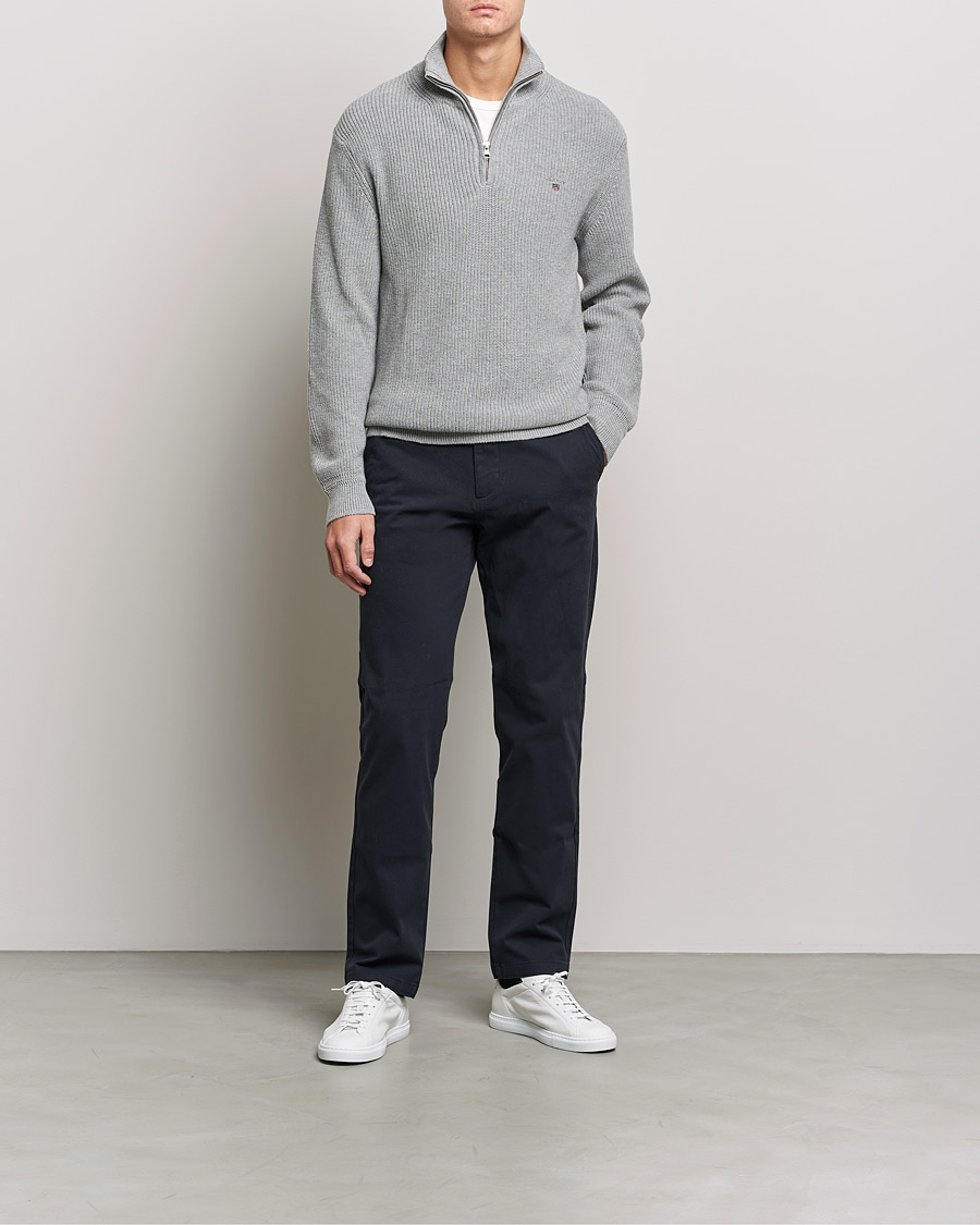 Herre | GANT | GANT | Cotton/Wool Ribbed Half Zip Sweater Grey Melange