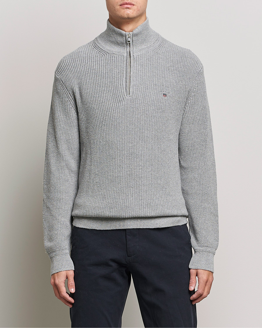 Herre | Gensere | GANT | Cotton/Wool Ribbed Half Zip Sweater Grey Melange