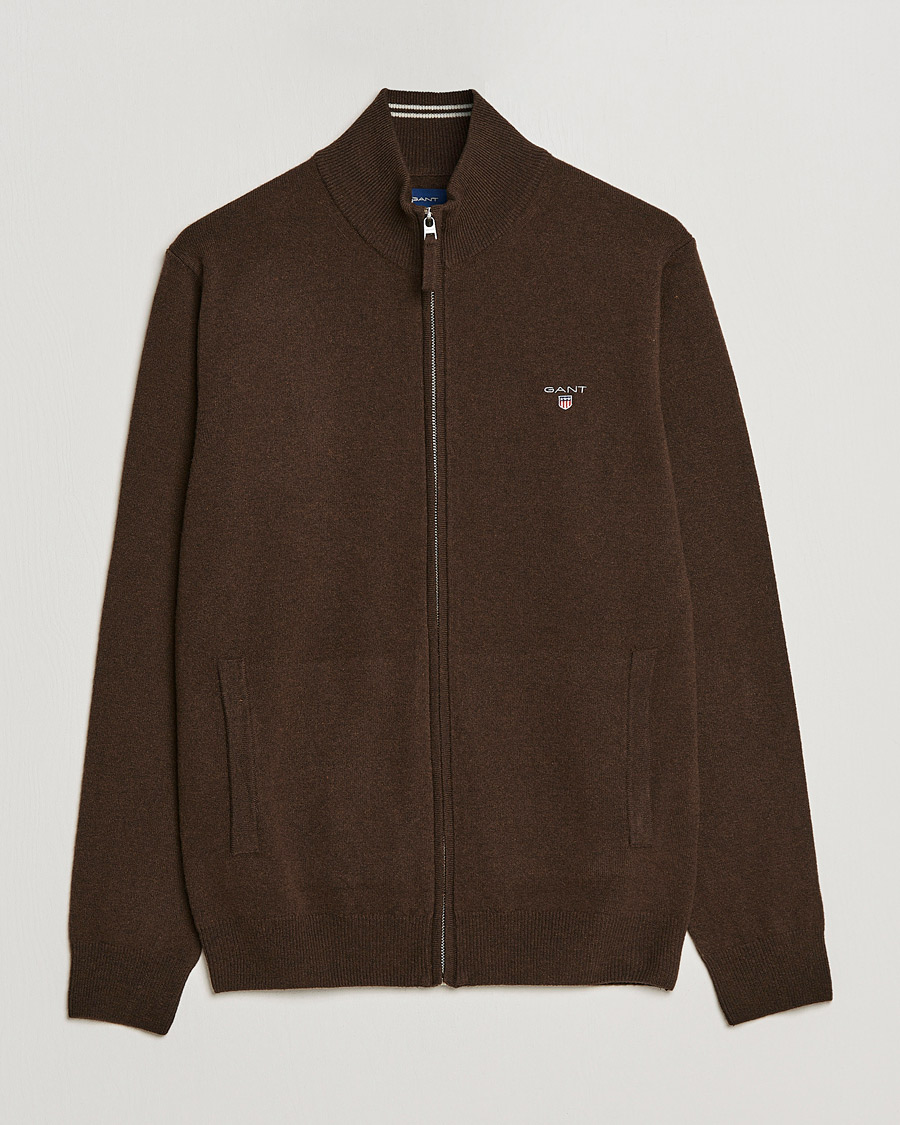 Herre | Gensere | GANT | Lambswool Full Zip Dark Brown Melange