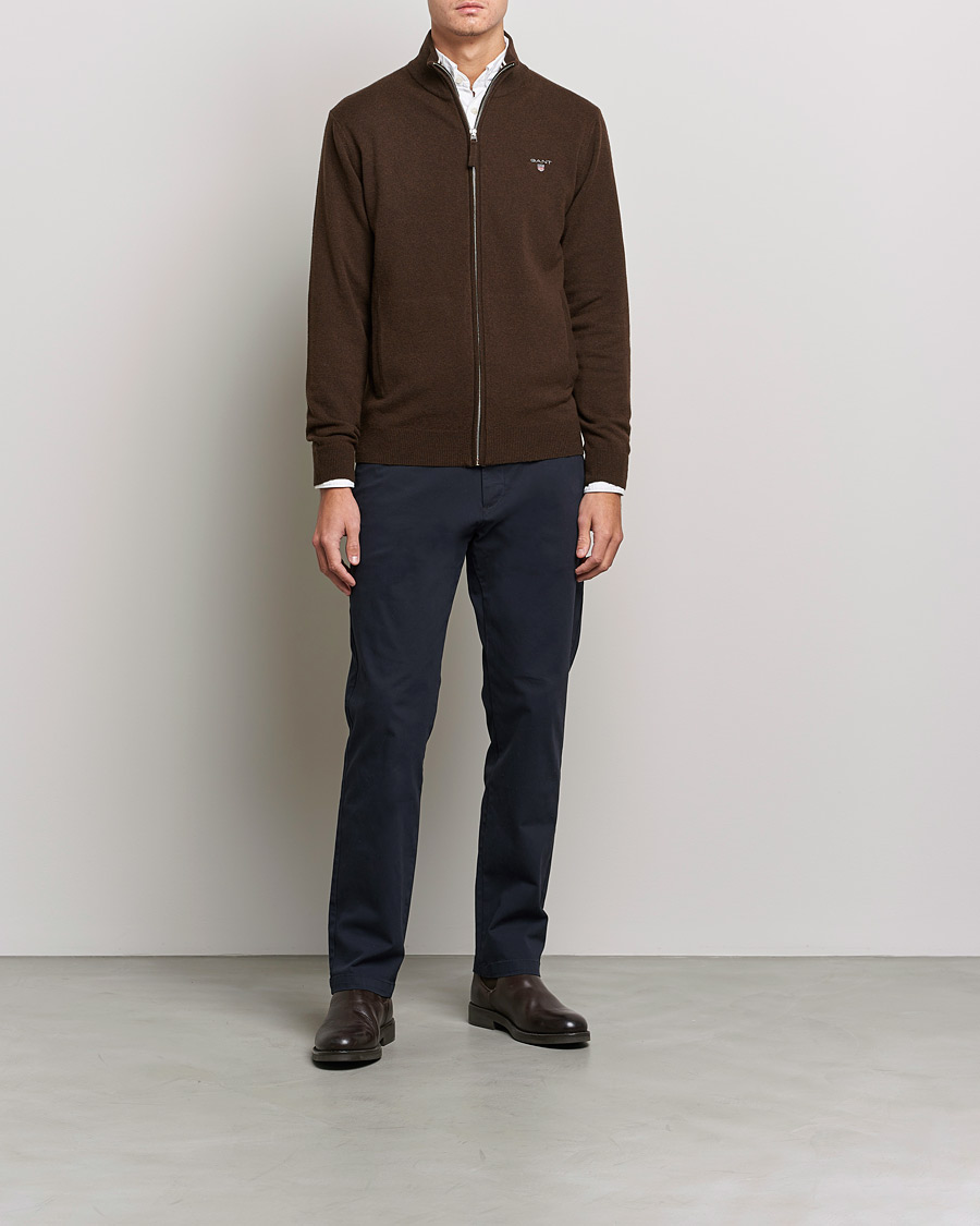 Herre | Gensere | GANT | Lambswool Full Zip Dark Brown Melange