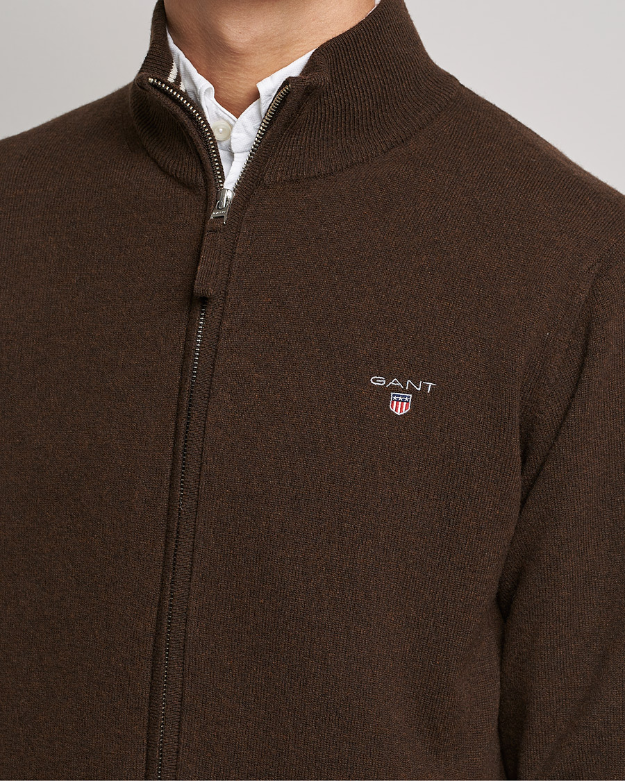 Herre | Gensere | GANT | Lambswool Full Zip Dark Brown Melange