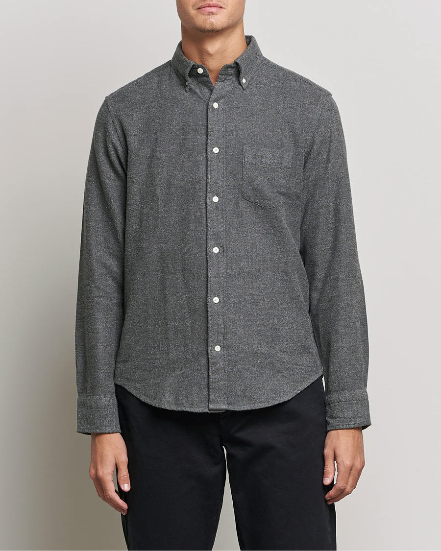 Herre | Skjorter | GANT | Regular Fit Flannel Herringbone Shirt Charcoal Melange