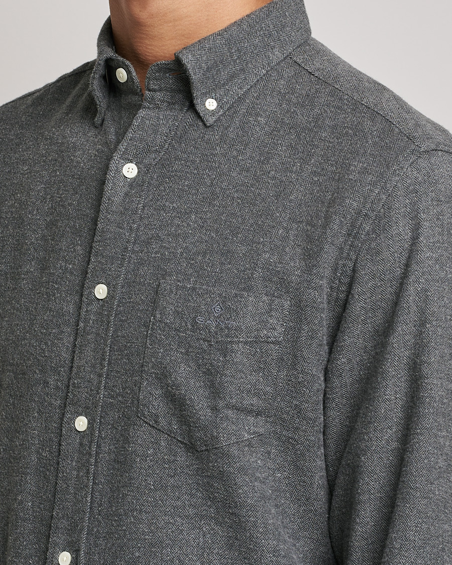 Herre | Skjorter | GANT | Regular Fit Flannel Herringbone Shirt Charcoal Melange