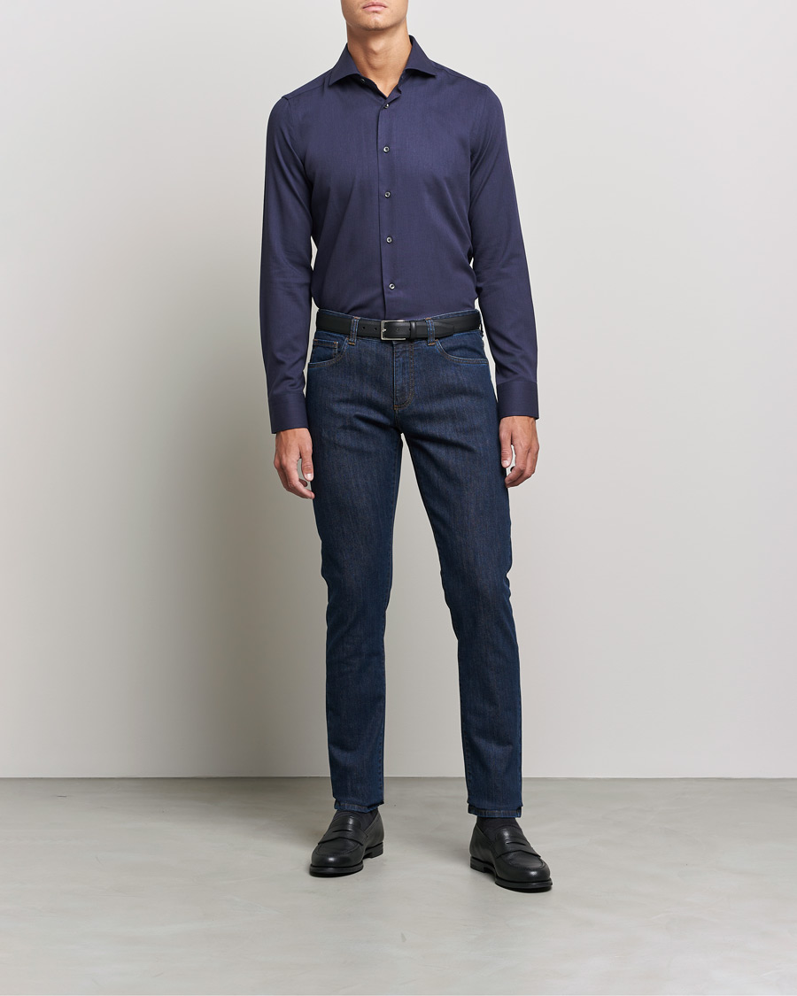 Herre | Skjorter | Canali | Slim Fit Flannel Shirt Navy