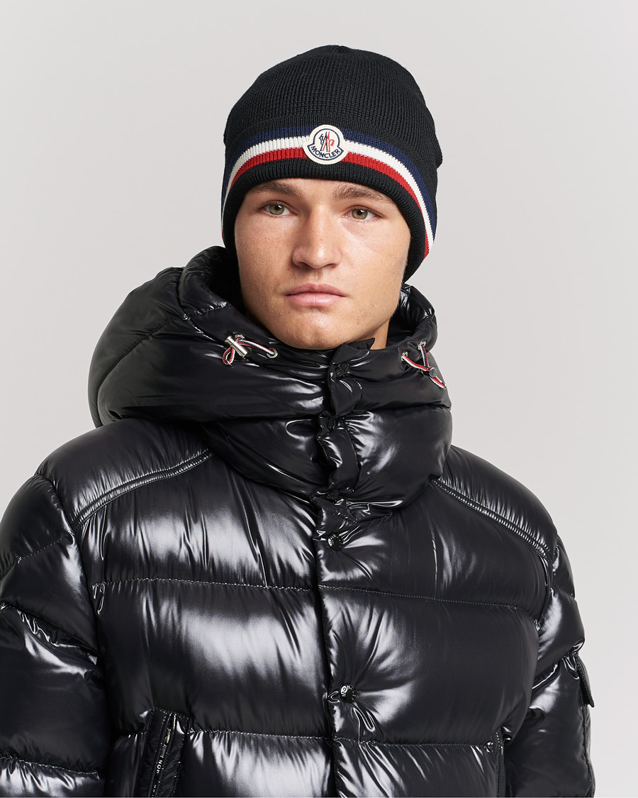Herre | Moncler Striped Wool Beanie Black | Moncler | Striped Wool Beanie Black