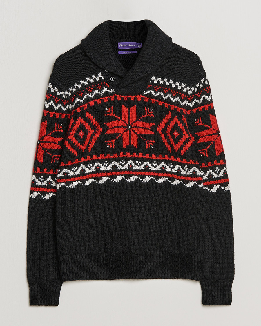 Herre | Gensere | Ralph Lauren Purple Label | Cashmere Jacquard Shawl Sweater Black/Red